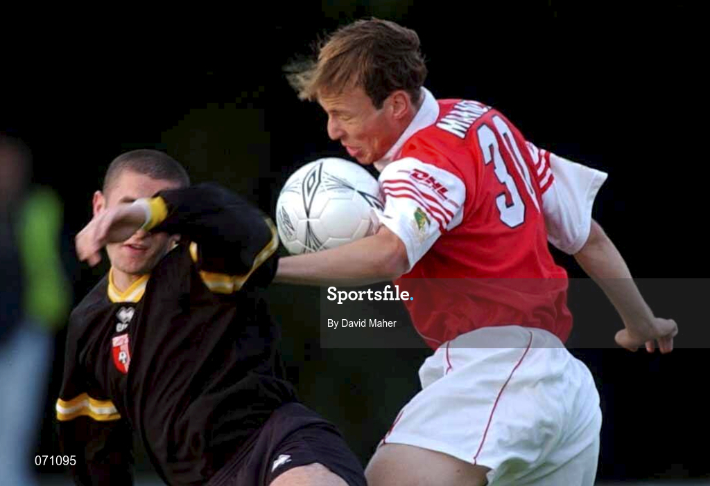 24 August 2001; Paul Marney of St Patrick's Athletic in action against Tommy McCallion of Derry City during the Eircom League Premier Division match between St Patrick's Athletic and Derry City at Richmond Park in Dublin. Photo by David Maher/Sportsfile