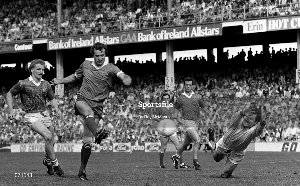 24 August 1986; Mikey Sheehy of Kerry, second from left, in action against Martin O'Connell, left, and goalkeeper Michael McQuillan of Meath during the All-Ireland Senior Football Championship Semi-Final match between Meath and Kerry at Croke Park in Dublin. Photo by Ray McManus/Sportsfile