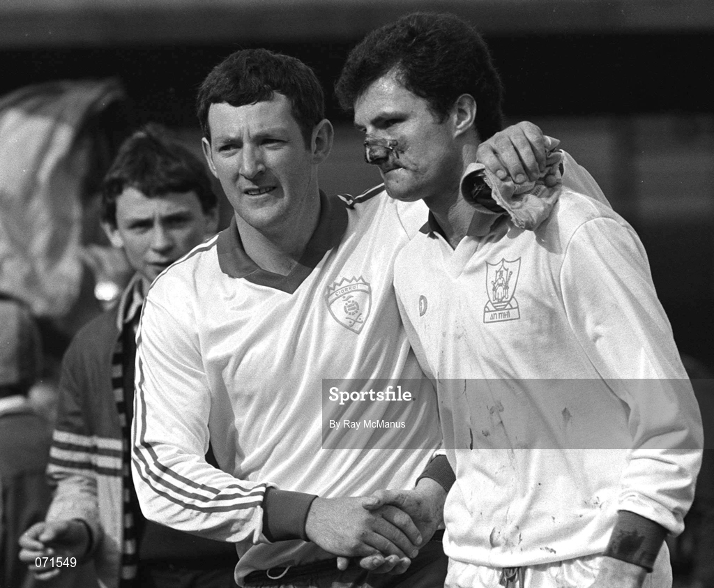 24 August 1986; Kerry goalkeeper Charlie Nelligan, left, shakes the hand of Meath goalkeeper Michael McQuillen following the All-Ireland Senior Football Championship Semi-Final match between Meath and Kerry at Croke Park in Dublin. Photo by Ray McManus/Sportsfile