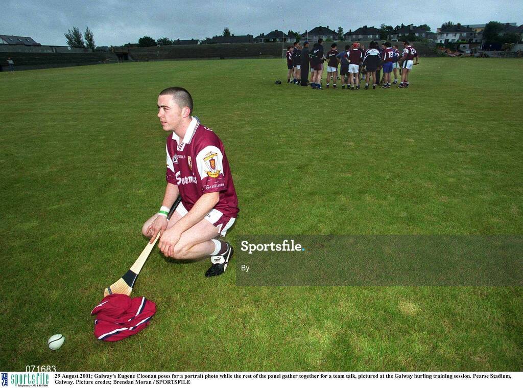 29 August 2001; Galway's Eugene Cloonan poses for a portrait photo while the rest of the panel gather together for a team talk, pictured at the Galway hurling training session. Pearse Stadium, Galway. Picture credet; Brendan Moran / SPORTSFILE