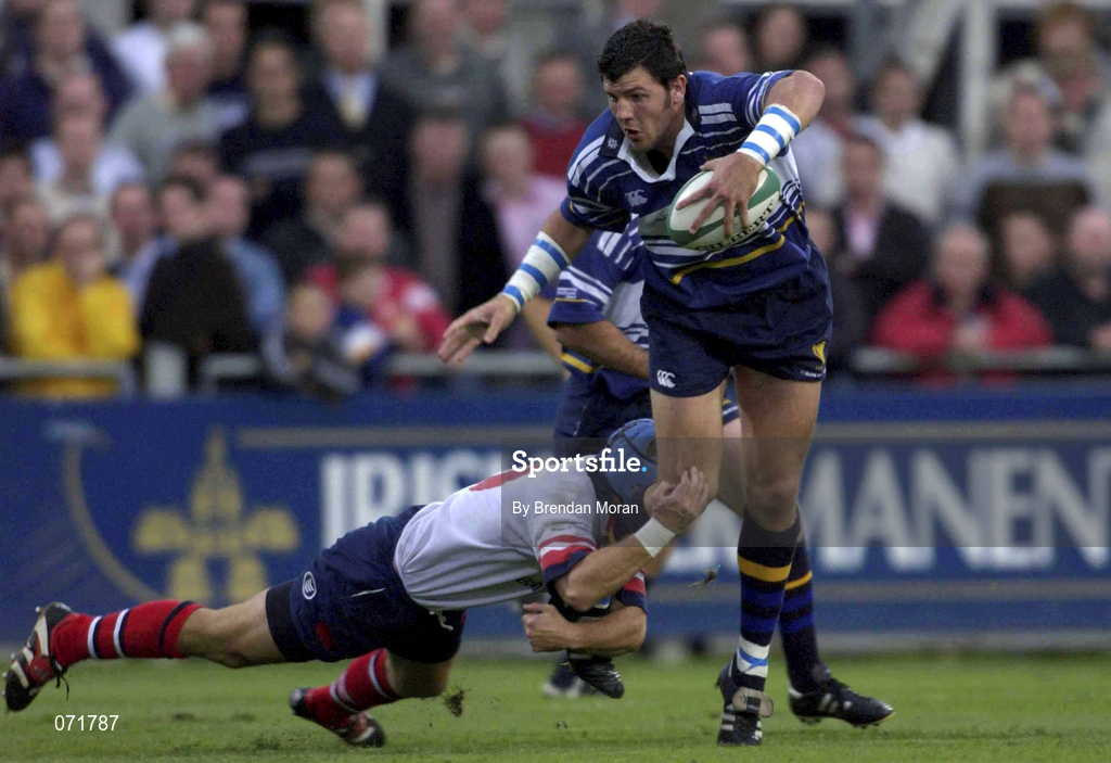 31 August 2001; Shane Horgan of Leinster is tackled by Ulster's David Humphreys during the Celtic League match between Leinster and Ulster at Donnybrook in Dublin. Photo by Brendan Moran/Sportsfile