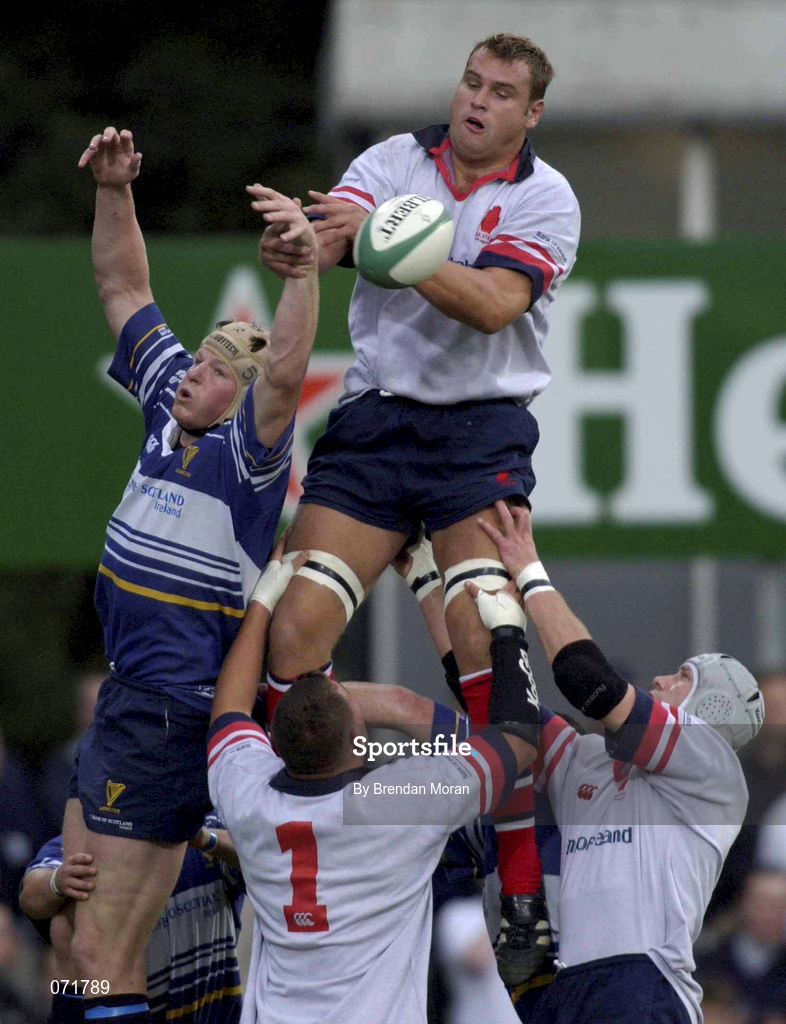 31 August 2001; Ulster's Jeremy Davidson in action against Leinster's Malcolm O'Kelly during the Celtic League match between Leinster and Ulster at Donnybrook in Dublin. Photo by Brendan Moran/Sportsfile