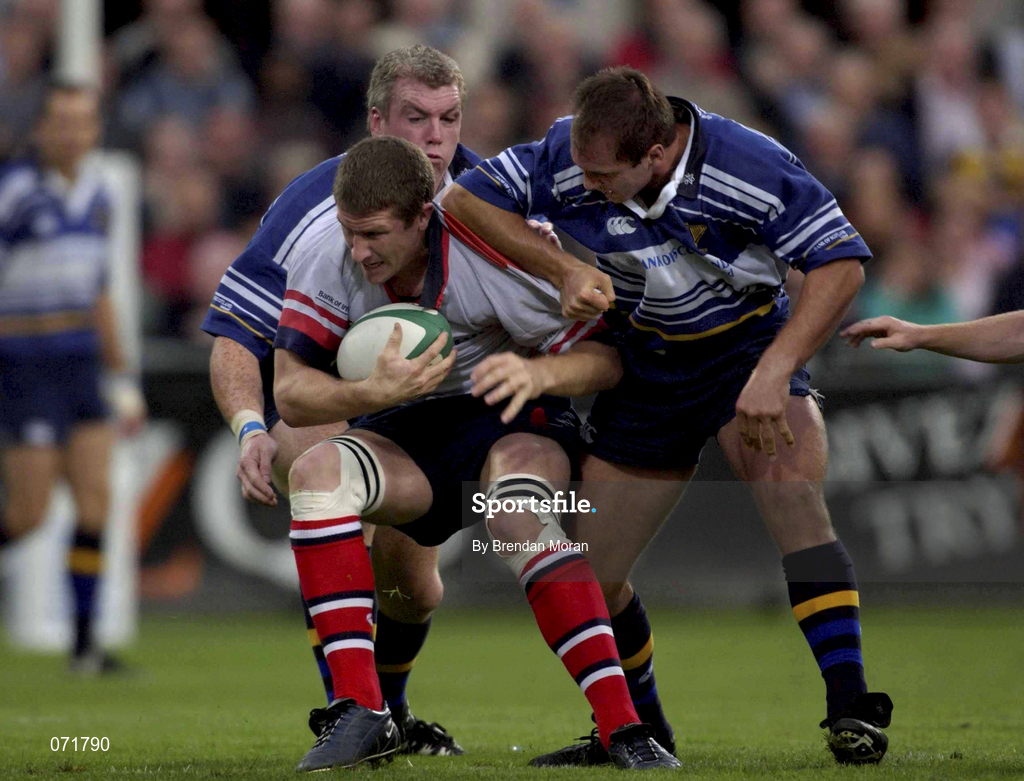 31 August 2001; Ulster's Russell Nelson is tackled by Leinster's Keith Gleeson, right, and Victor Costello during the Celtic League match between Leinster and Ulster at Donnybrook in Dublin. Photo by Brendan Moran/Sportsfile