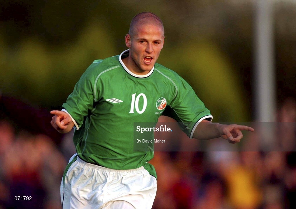 31 August 2001; Republic of Ireland's Graham Barrett celebrates after scoring his side's first goal during the UEFA Under-21 Championship Qualifying Round match between Republic of Ireland and Netherlands at the Regional Sports Centre in Waterford. Photo by David Maher/Sportsfile
