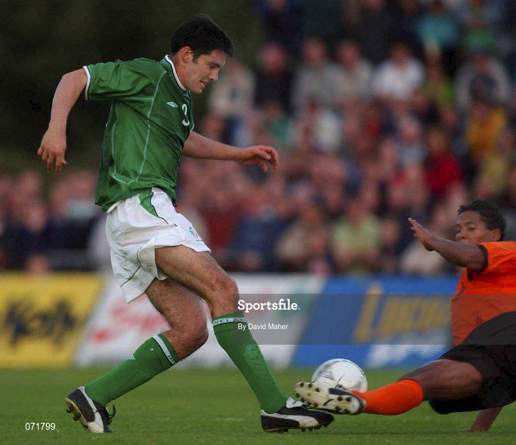 31 August 2001; Richard Sadlier of Republic of Ireland in action against Michael Lamey of Netherlands during the UEFA Under-21 Championship Qualifying Round match between Republic of Ireland and Netherlands at the Regional Sports Centre in Waterford. Photo by David Maher/Sportsfile