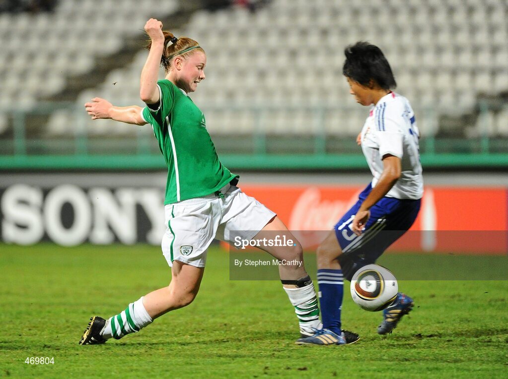 17 September 2010; Aileen Gilroy, Republic of Ireland, in action against Hikari Takagi, Japan. FIFA U-17 Women’s World Cup Quarter-Final, Republic of Ireland v Japan, Larry Gomes Stadium, Arima, Trinidad, Trinidad & Tobago. Picture credit: Stephen McCarthy / SPORTSFILE