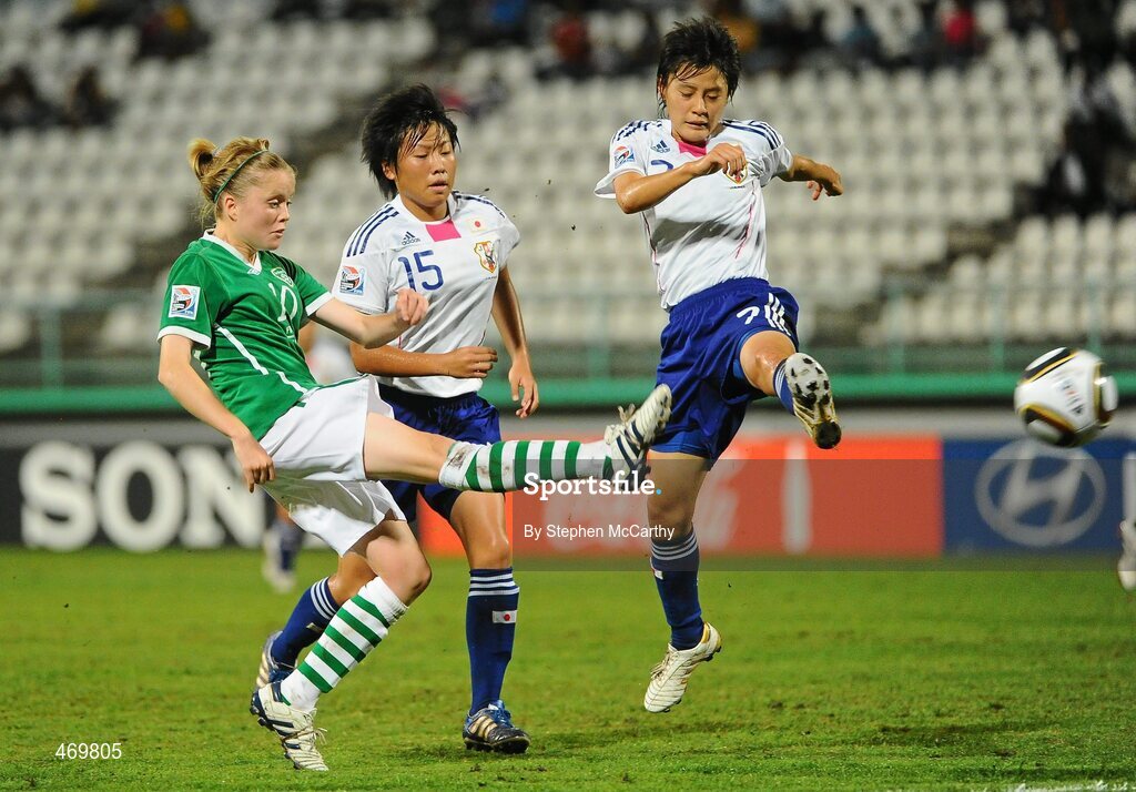17 September 2010; Denise O'Sullivan, Republic of Ireland, in action against Hikari Takagi and Hikaru Naomoto, right. FIFA U-17 Women’s World Cup Quarter-Final, Republic of Ireland v Japan, Larry Gomes Stadium, Arima, Trinidad, Trinidad & Tobago. Picture credit: Stephen McCarthy / SPORTSFILE