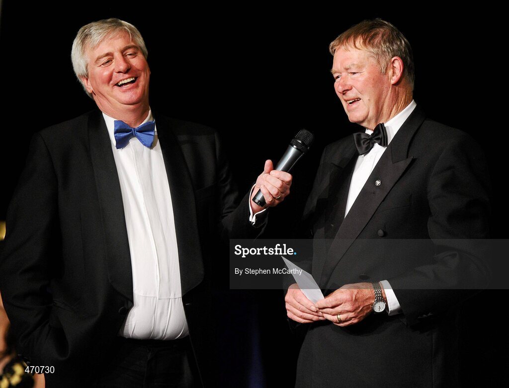 6 November 2010; Former RTE Gaelic Games Commentator Micheal O Muircheartaigh is interviewed by MC Michael Lyster during the 2010 Camogie All-Stars in association with O’Neills. Citywest Hotel, Saggart, Co. Dublin. Picture credit: Stephen McCarthy / SPORTSFILE