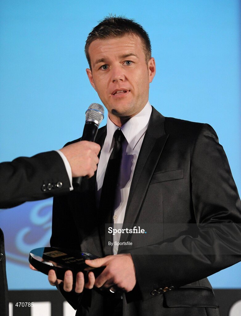 6 November 2010; Referee Alan Kelly from Cork speaking after receiving the PFAI Ford Referee of the Year Award. PFAI Ford 2010 Awards, The Burlington Hotel, Upper Leeson Street, Dublin. Photo by Sportsfile