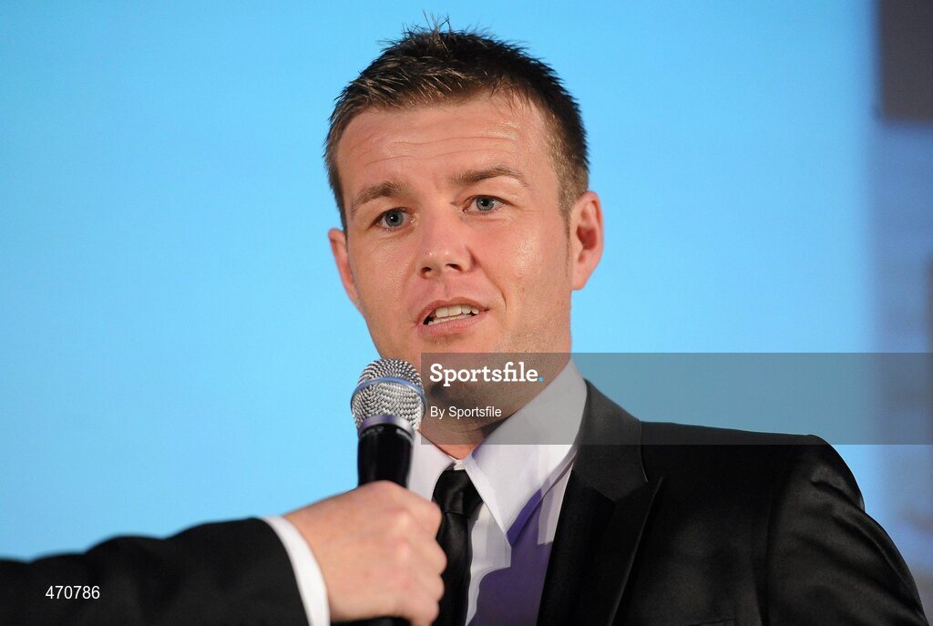 6 November 2010; Referee Alan Kelly from Cork speaking after receiving the Referee of the Year Award. PFAI Ford 2010 Awards, The Burlington Hotel, Upper Leeson Street, Dublin. Photo by Sportsfile