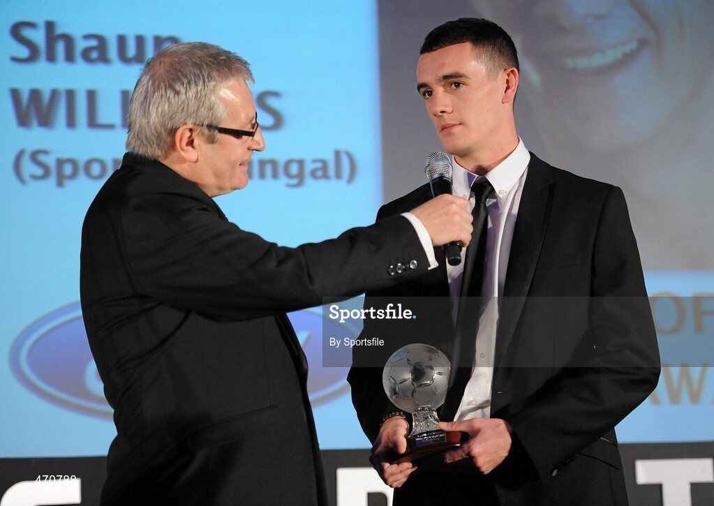6 November 2010; Shaun Williams, Sporting Fingal, speaking to Tony O'Donoghue after receiving the PFAI Ford Young Player of the Year Award. PFAI Ford 2010 Awards, The Burlington Hotel, Upper Leeson Street, Dublin. Photo by Sportsfile