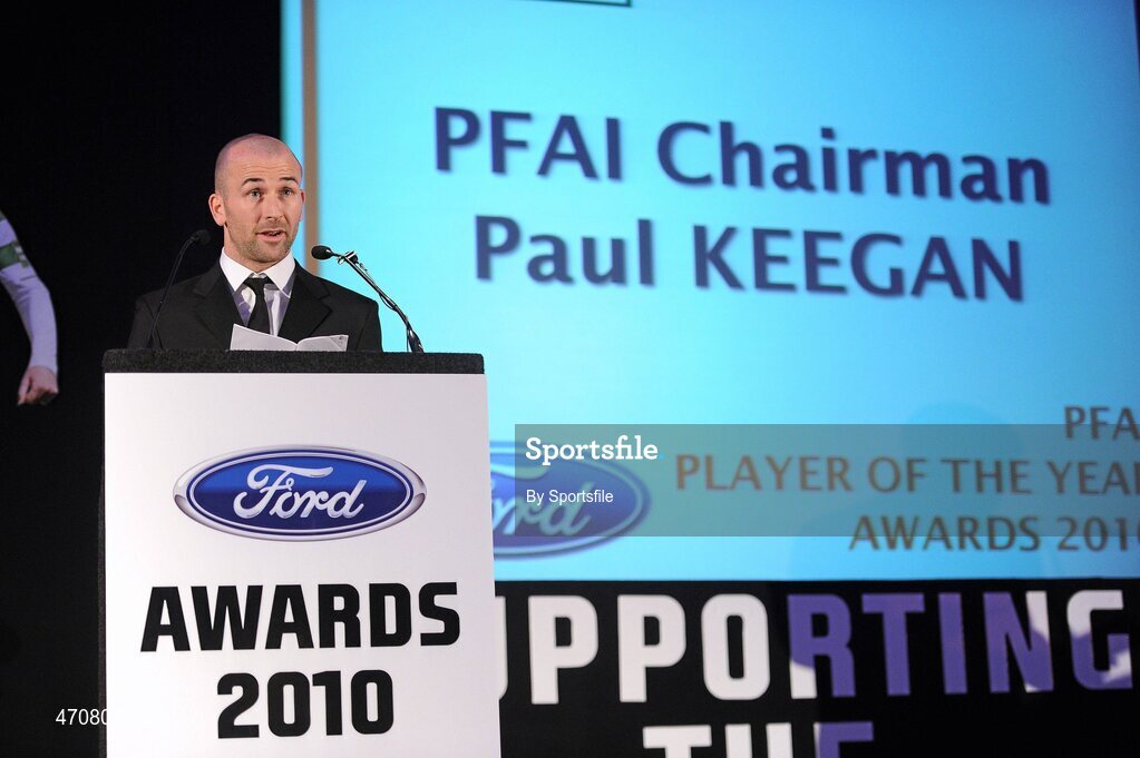 6 November 2010; PFAI Chairman Paul Keegan speaking during the awards. PFAI Ford 2010 Awards, The Burlington Hotel, Upper Leeson Street, Dublin. Photo by Sportsfile