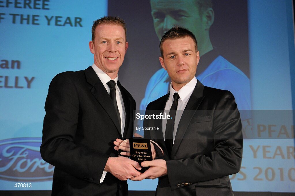 6 November 2010; Referee Alan Kelly, right, from Cork, receiving the PFAI Ford Referee of the Year Award from PFAI General Secretary Stephen McGuinness. PFAI Ford 2010 Awards, The Burlington Hotel, Upper Leeson Street, Dublin. Photo by Sportsfile