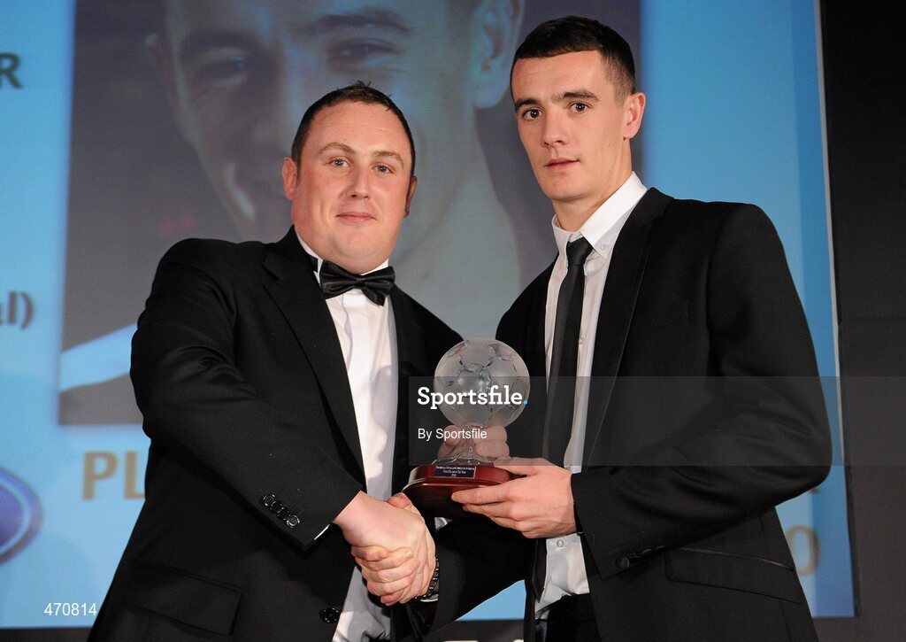 6 November 2010; Shaun Williams, Sporting Fingal, right, receiving the PFAI Ford Young Player of the Year Award from Paul O'Hehir of the Irish Daily Mirror. PFAI Ford 2010 Awards, The Burlington Hotel, Upper Leeson Street, Dublin. Photo by Sportsfile