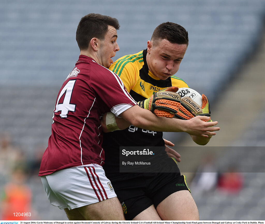 21 August 2016; Gavin Mulreany of Donegal in action against Desmond Conneely of Galway during the Electric Ireland GAA Football All-Ireland Minor Championship Semi-Final game between Donegal and Galway at Croke Park in Dublin. Photo by Ray McManus/Sportsfile