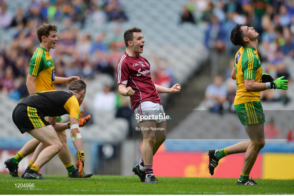 21 August 2016; Desmond Conneely of Galway celebrates after scoring his side's first goal during the Electric Ireland GAA Football All-Ireland Minor Championship Semi-Final game between Donegal and Galway at Croke Park in Dublin. Photo by Eóin Noonan/Sportsfile