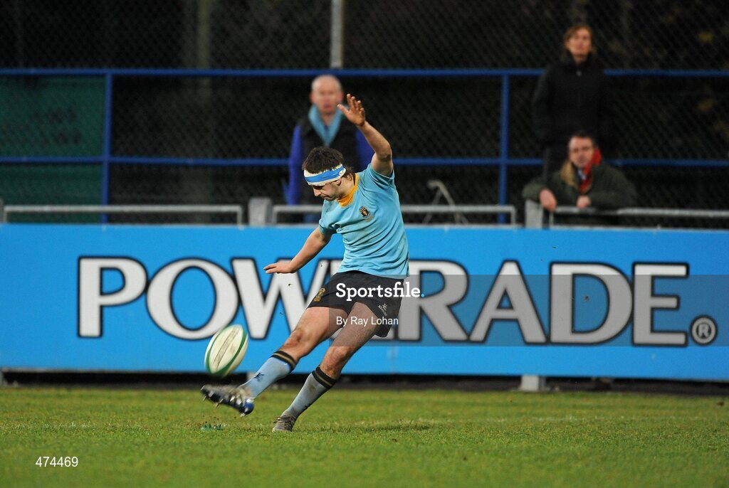 21 November 2010; James Thornton, UCD, kicks the winning kick in the Leinster Senior League Cup Final, St Marys College v UCD, Donnybrook Stadium, Donnybrook, Dublin. Picture credit: Ray Lohan / SPORTSFILE.