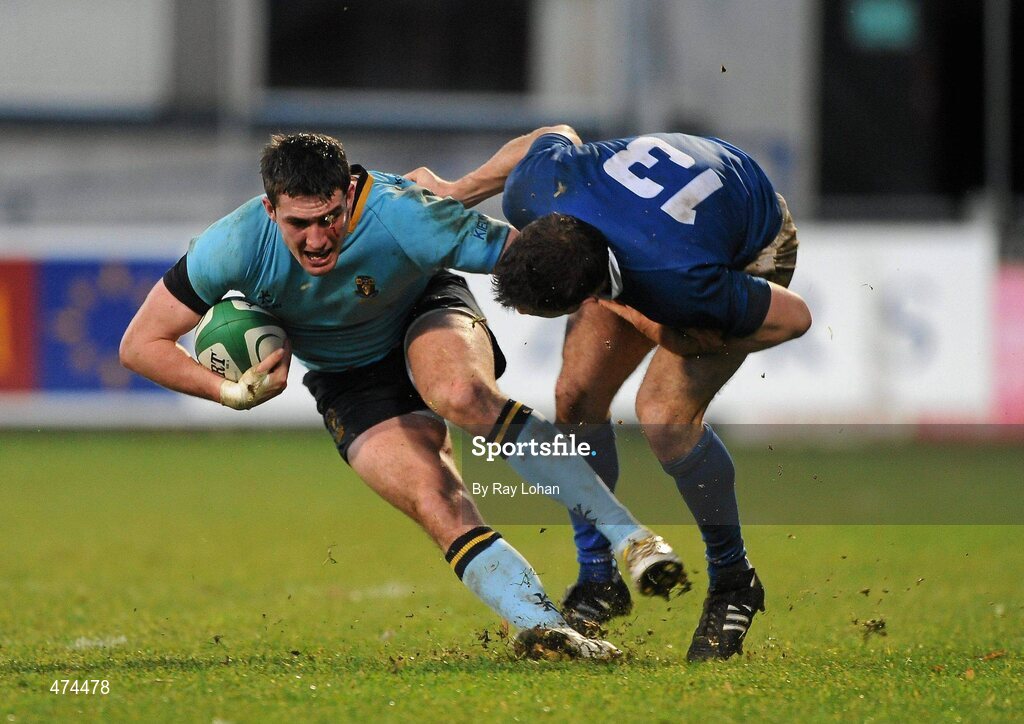 21 November 2010; Dave McSharry, UCD, is tackled by Stephen Grissing, St. Marys College. Leinster Senior League Cup Final, St Marys College v UCD, Donnybrook Stadium, Donnybrook, Dublin. Picture credit: Ray Lohan / SPORTSFILE.