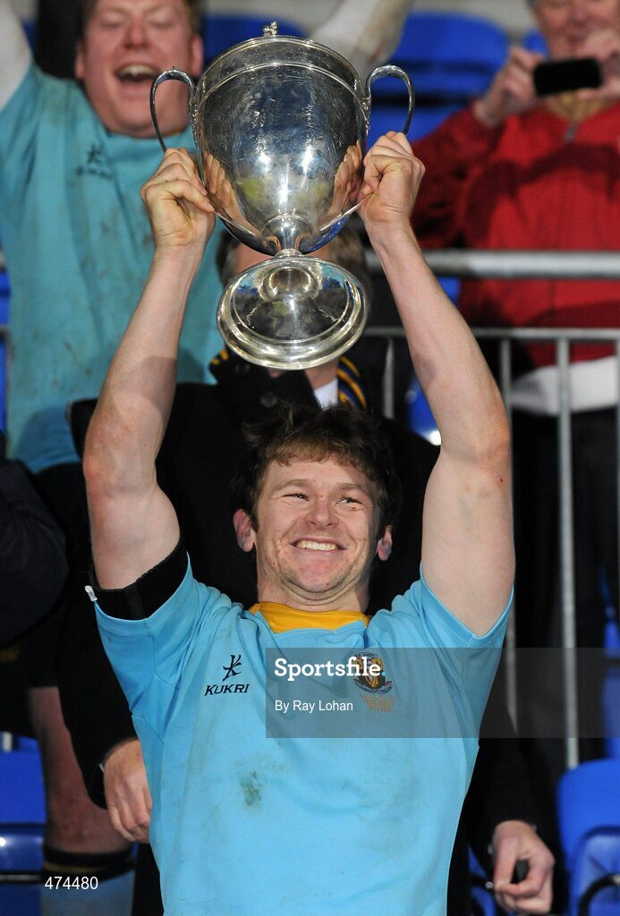 21 November 2010; UCD captain Andy Cummiskey celebrates with the cup. Leinster Senior League Cup Final, St Marys College v UCD, Donnybrook Stadium, Donnybrook, Dublin. Picture credit: Ray Lohan / SPORTSFILE.