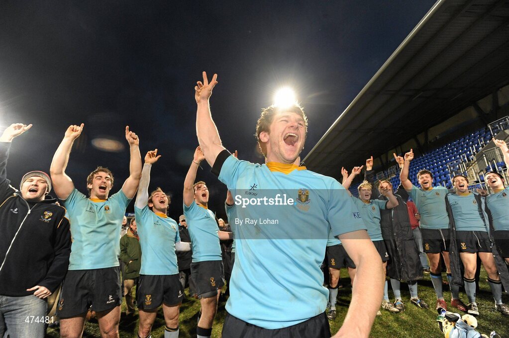 21 November 2010; UCD captain Andy Cummiskey celebrates with team-mates after winning the Leinster Senior League Cup Final, St Marys College v UCD, Donnybrook Stadium, Donnybrook, Dublin. Picture credit: Ray Lohan / SPORTSFILE.