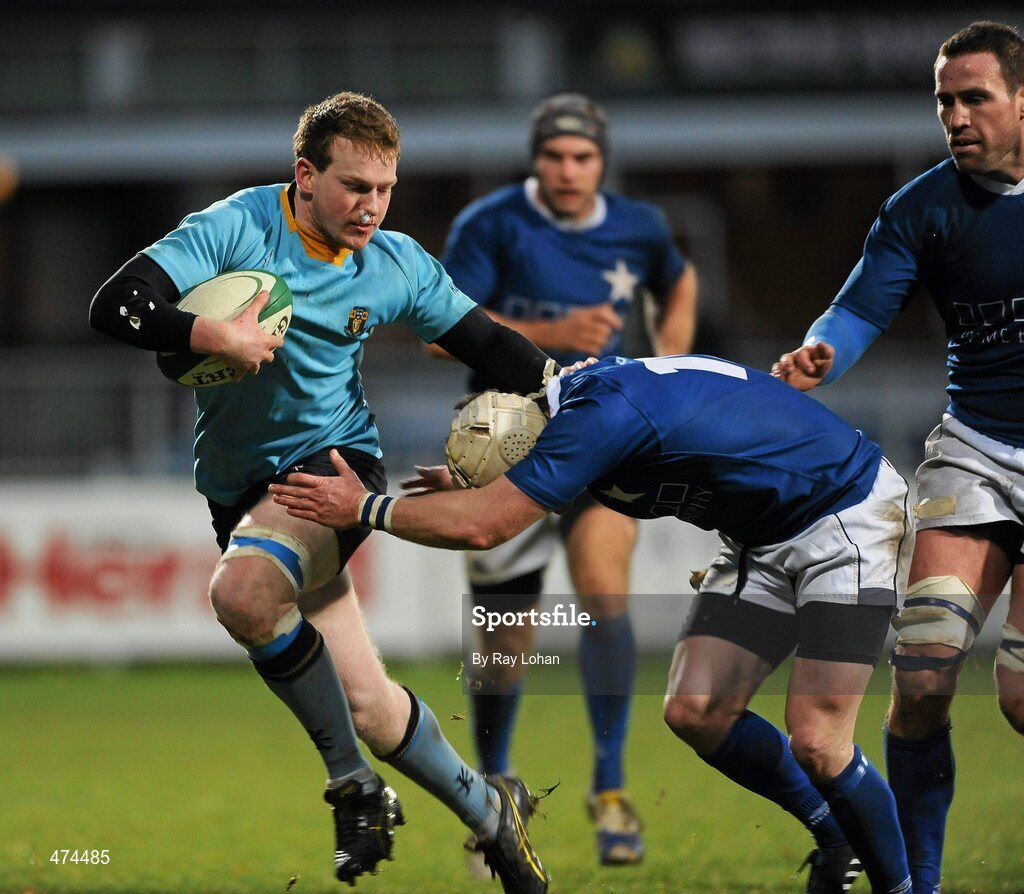 21 November 2010; Brian Cawley, UCD, is tackled by Gavin Dunne, St. Marys College. Leinster Senior League Cup Final, St Marys College v UCD, Donnybrook Stadium, Donnybrook, Dublin. Picture credit: Ray Lohan / SPORTSFILE.