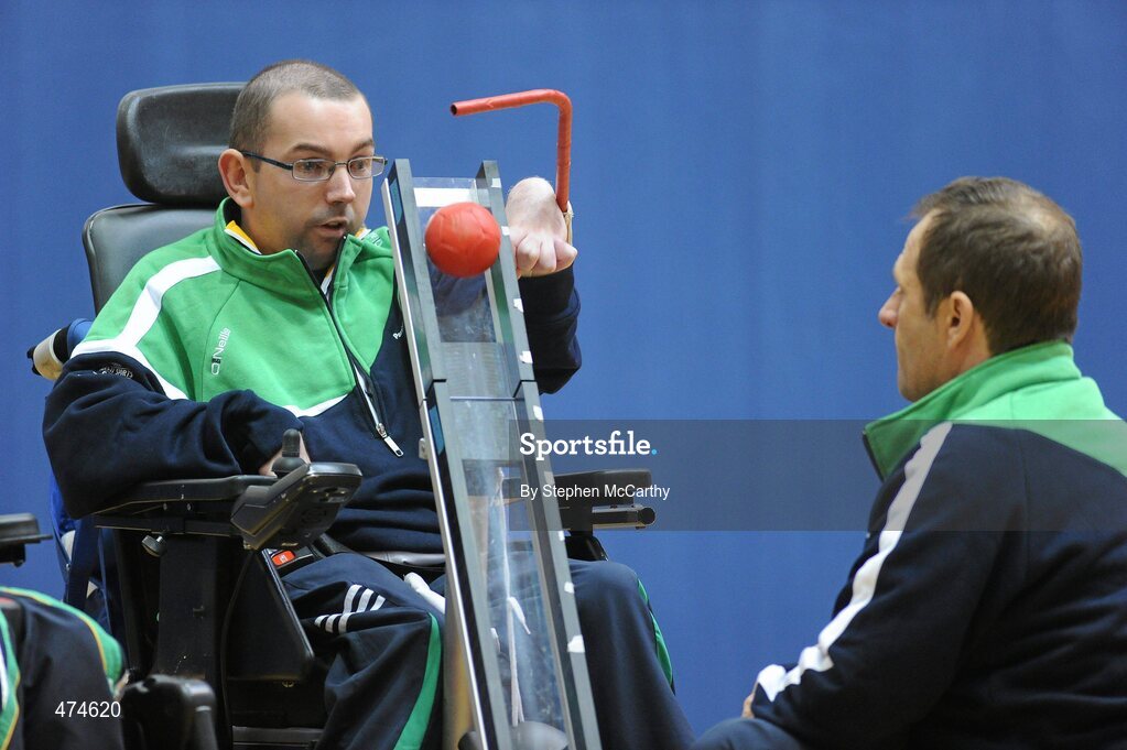 9 April 2010; Gerard O'Grady, from Limerick, in action during boccia training at an Ireland paralympic squad training camp, with assistant Tom Hanrahan, right. Ireland Paralympic Squad Training Camp - April 2010, University of Limerick, Limerick. Picture credit: Stephen McCarthy / SPORTSFILE