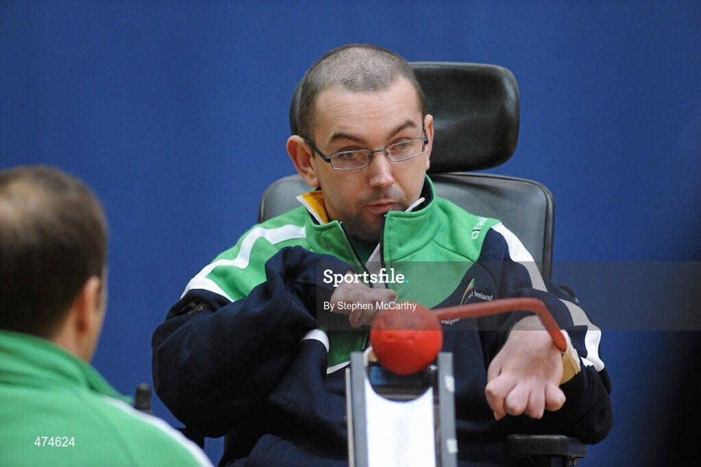 9 April 2010; Gerard O'Grady, from Limerick, in action during boccia training at an Ireland paralympic squad training camp. Ireland Paralympic Squad Training Camp - April 2010, University of Limerick, Limerick. Picture credit: Stephen McCarthy / SPORTSFILE