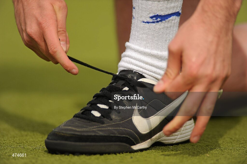 9 April 2010; A player ties his laces during soccer training at an Ireland paralympic squad training camp. Ireland Paralympic Squad Training Camp - April 2010, University of Limerick, Limerick. Picture credit: Stephen McCarthy / SPORTSFILE