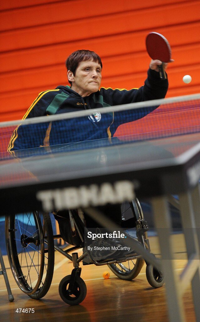 9 April 2010; Kathleen Reynolds, from Blanchardstown, Dublin, in action during table tennis training at an Ireland paralympic squad training camp. Ireland Paralympic Squad Training Camp - April 2010, University of Limerick, Limerick. Picture credit: Stephen McCarthy / SPORTSFILE