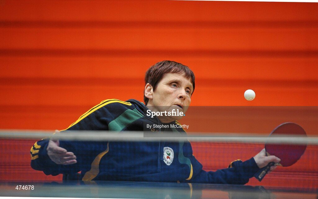 9 April 2010; Kathleen Reynolds, from Blanchardstown, Dublin, in action during table tennis training at an Ireland paralympic squad training camp. Ireland Paralympic Squad Training Camp - April 2010, University of Limerick, Limerick. Picture credit: Stephen McCarthy / SPORTSFILE