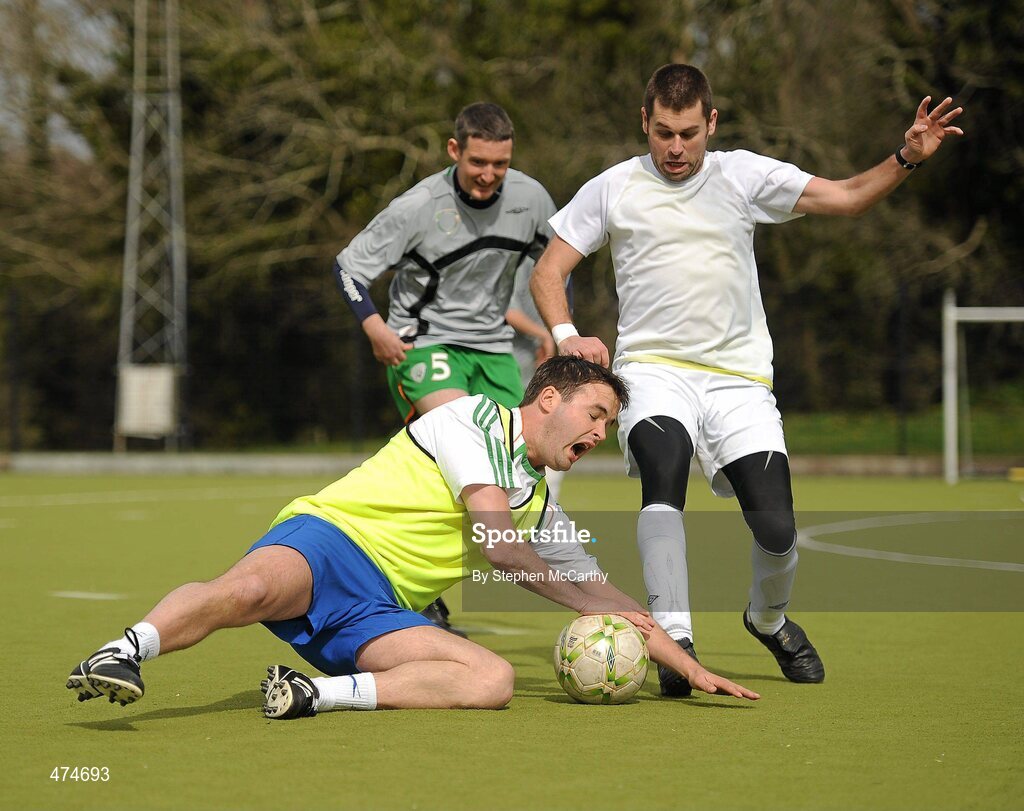 9 April 2010; Jason Moran, from Galway, in action against Finbar O'Riordan, from Blackrock, Cork, right, during soccer training at Ireland paralympic squad training camp. Ireland Paralympic Squad Training Camp - April 2010, University of Limerick, Limerick. Picture credit: Stephen McCarthy / SPORTSFILE
