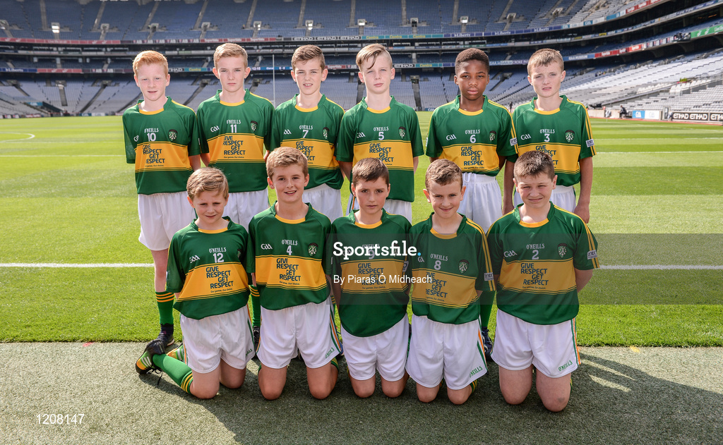 28 August 2016; The Kerry team, back row, from left, Tomás Corbett, St Paul's, Ratoath, Meath, Jack Meagher, St Mary's, Ashbourne, Meath, Fionn Hallinan, Ballymacarbry NS, Ballymacarbry, Waterford, representing Kerry, Darragh O'Connell, Ovens NS, Ovens, Cork, Ciarán Hodanu, Ferrybank BNS, Ferrybank, Waterford, and Daniel Ryan, Borrisoleigh, Thurles, Tipperary. Front row, Patrick Magee, St Colmban's, Belcoo, Fermanagh,Séamus O'Mahony, Killavullen NS, Killavullen, Cork, Conor Sweeney, St John's NS, Ballisodare, Sligo, Matthew Carey, Scoil Mhuire NS, Newtownforbes, Longford, and TJ Carroll, Loughmore, Templemore, Tipperary, prior to the INTO Cumann na mBunscol GAA Respect Exhibition Go Games at the GAA Football All-Ireland Senior Championship Semi-Final game between Dublin and Kerry at Croke Park in Dublin. Photo by Piaras Ó Mídheach/Sportsfile