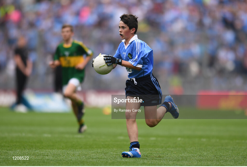 28 August 2016; Oisín Doyle, St Joseph's NS, Hacketstown, Carlow, representing Dublin, in action during the INTO Cumann na mBunscol GAA Respect Exhibition Go Games at the GAA Football All-Ireland Senior Championship Semi-Final game between Dublin and Kerry at Croke Park in Dublin. Photo by Ramsey Cardy/Sportsfile