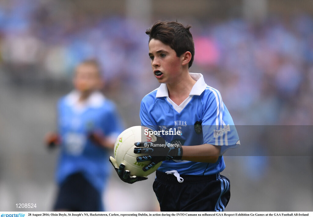 28 August 2016; Oisín Doyle, St Joseph's NS, Hacketstown, Carlow, representing Dublin, in action during the INTO Cumann na mBunscol GAA Respect Exhibition Go Games at the GAA Football All-Ireland Senior Championship Semi-Final game between Dublin and Kerry at Croke Park in Dublin. Photo by Ramsey Cardy/Sportsfile