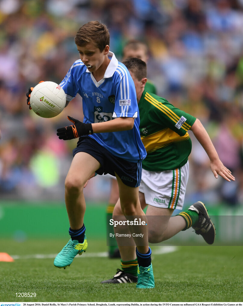 28 August 2016; Daniel Reilly, St Mary's Parish Primary School, Drogheda, Louth, representing Dublin, in action during the INTO Cumann na mBunscol GAA Respect Exhibition Go Games at the GAA Football All-Ireland Senior Championship Semi-Final game between Dublin and Kerry at Croke Park in Dublin. Photo by Ramsey Cardy/Sportsfile