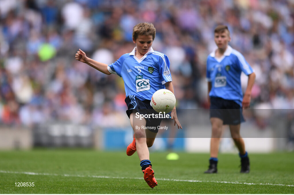 28 August 2016; Liam Osbourne, St Finnian's NS, Dunleer, Louth, representing Dublin, in action during the INTO Cumann na mBunscol GAA Respect Exhibition Go Games at the GAA Football All-Ireland Senior Championship Semi-Final game between Dublin and Kerry at Croke Park in Dublin. Photo by Ramsey Cardy/Sportsfile