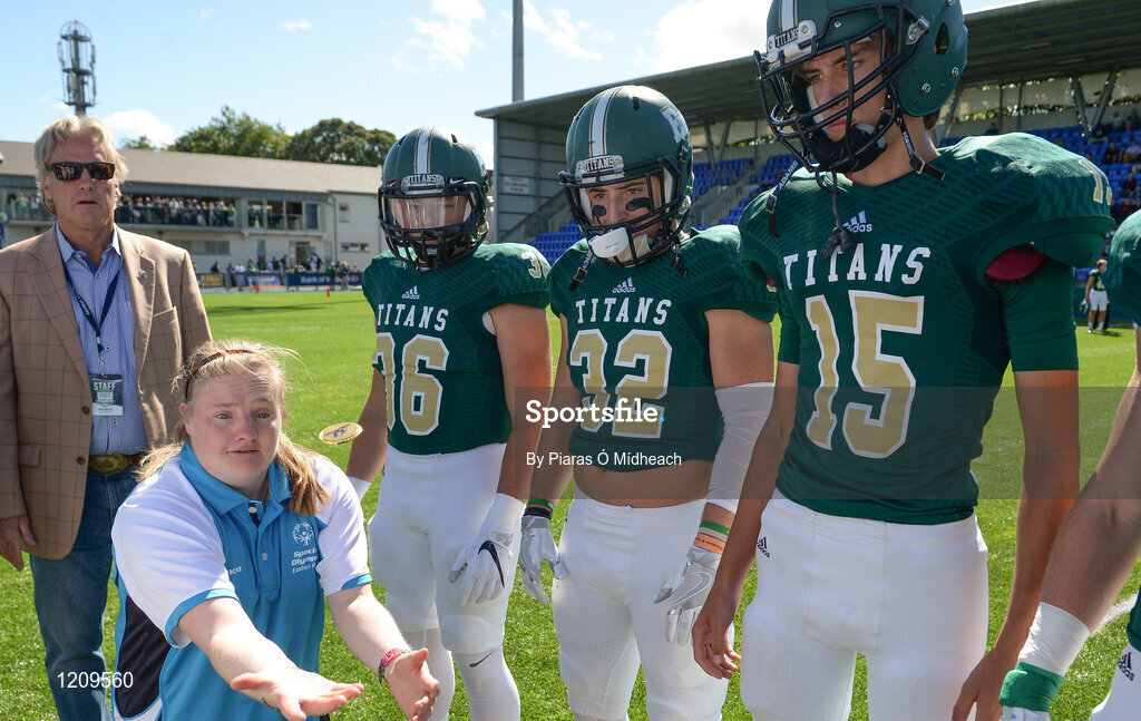 2 September 2016; Special Olympics Athlete Fiona Bryson conducts the coin toss ahead of the Blessed Trinity v St. Peters Prep game. Donnybrook Stadium hosted a triple-header of high school American football games today as part of the Aer Lingus College Football Classic. Six top high school teams took part in the American Football Showcase with all proceeds from the game going to Special Olympics Ireland, the official charity partner to the Aer Lingus College Football Classic. High School American Football Showcase match between Blessed Trinity of Atlanta, Georgia and St. Peters Prep of Jersey City, New Jersey at Donnybrook Stadium in Dublin. Photo by Piaras Ó Mídheach/Sportsfile