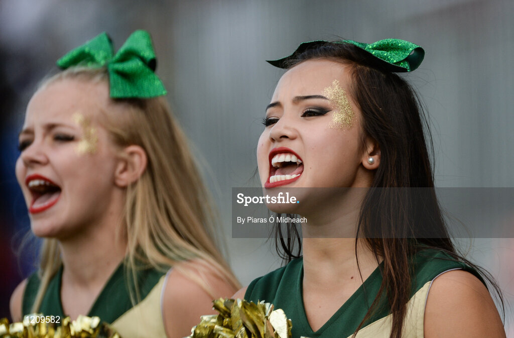 2 September 2016; Blessed Trinity cheerleaders during their game against St. Peters Prep. Donnybrook Stadium hosted a triple-header of high school American football games today as part of the Aer Lingus College Football Classic. Six top high school teams took part in the American Football Showcase with all proceeds from the game going to Special Olympics Ireland, the official charity partner to the Aer Lingus College Football Classic. High School American Football Showcase match between Blessed Trinity of Atlanta, Georgia and St. Peters Prep of Jersey City, New Jersey at Donnybrook Stadium in Dublin. Photo by Piaras Ó Mídheach/Sportsfile