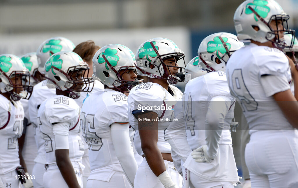 2 September 2016; St. Peters Prep players look on during their game against Blessed Trinity. Donnybrook Stadium hosted a triple-header of high school American football games today as part of the Aer Lingus College Football Classic. Six top high school teams took part in the American Football Showcase with all proceeds from the game going to Special Olympics Ireland, the official charity partner to the Aer Lingus College Football Classic. High School American Football Showcase match between Blessed Trinity of Atlanta, Georgia and St. Peters Prep of Jersey City, New Jersey at Donnybrook Stadium in Dublin. Photo by Piaras Ó Mídheach/Sportsfile