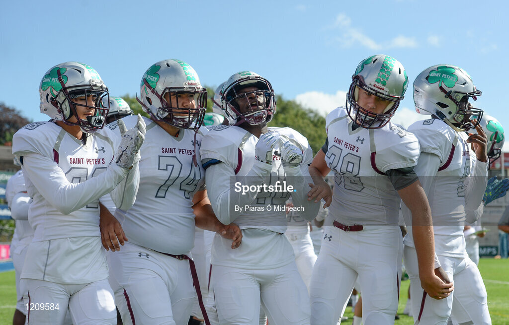 2 September 2016; St. Peters Prep players celebrate during their game against Blessed Trinity. Donnybrook Stadium hosted a triple-header of high school American football games today as part of the Aer Lingus College Football Classic. Six top high school teams took part in the American Football Showcase with all proceeds from the game going to Special Olympics Ireland, the official charity partner to the Aer Lingus College Football Classic. High School American Football Showcase match between Blessed Trinity of Atlanta, Georgia and St. Peters Prep of Jersey City, New Jersey at Donnybrook Stadium in Dublin. Photo by Piaras Ó Mídheach/Sportsfile