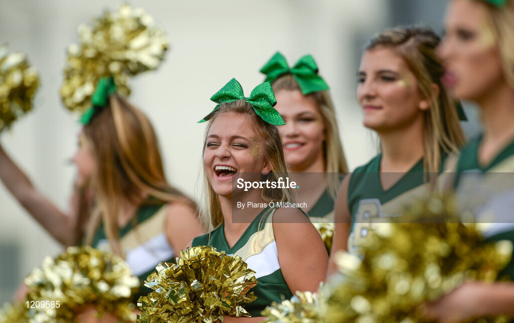 2 September 2016; Blessed Trinity cheerleaders during their game against St. Peters Prep. Donnybrook Stadium hosted a triple-header of high school American football games today as part of the Aer Lingus College Football Classic. Six top high school teams took part in the American Football Showcase with all proceeds from the game going to Special Olympics Ireland, the official charity partner to the Aer Lingus College Football Classic. High School American Football Showcase match between Blessed Trinity of Atlanta, Georgia and St. Peters Prep of Jersey City, New Jersey at Donnybrook Stadium in Dublin. Photo by Piaras Ó Mídheach/Sportsfile