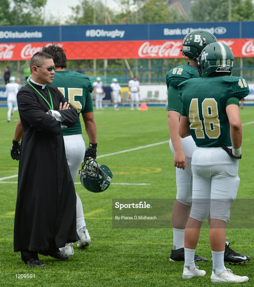 2 September 2016; Fr Augustine Tran, Blessed Trinity staff team member, looks on during their game against St. Peters Prep. Donnybrook Stadium hosted a triple-header of high school American football games today as part of the Aer Lingus College Football Classic. Six top high school teams took part in the American Football Showcase with all proceeds from the game going to Special Olympics Ireland, the official charity partner to the Aer Lingus College Football Classic. High School American Football Showcase match between Blessed Trinity of Atlanta, Georgia and St. Peters Prep of Jersey City, New Jersey at Donnybrook Stadium in Dublin. Photo by Piaras Ó Mídheach/Sportsfile