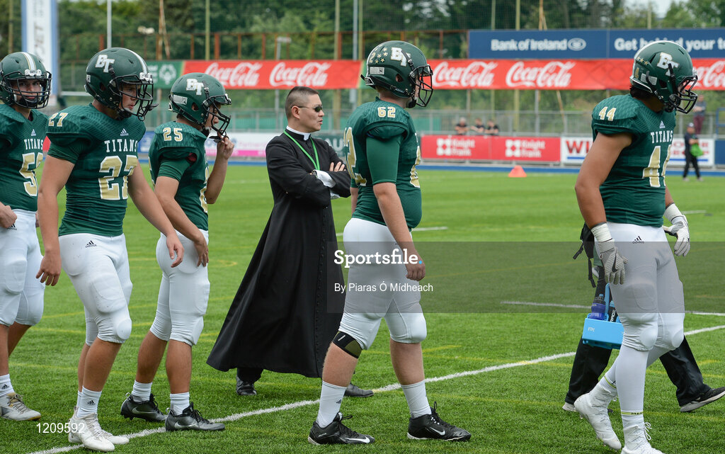 2 September 2016; Fr Augustine Tran, Blessed Trinity staff team member, looks on during their game against St. Peters Prep. Donnybrook Stadium hosted a triple-header of high school American football games today as part of the Aer Lingus College Football Classic. Six top high school teams took part in the American Football Showcase with all proceeds from the game going to Special Olympics Ireland, the official charity partner to the Aer Lingus College Football Classic. High School American Football Showcase match between Blessed Trinity of Atlanta, Georgia and St. Peters Prep of Jersey City, New Jersey at Donnybrook Stadium in Dublin. Photo by Piaras Ó Mídheach/Sportsfile