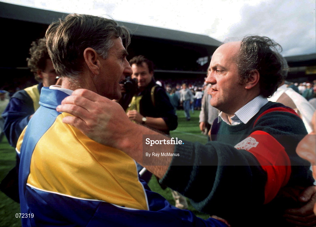 4 September 1988; Galway manager Cyril Farrell, right, is congratulated by Tipperary selector Donie Nealon following the All-Ireland Senior Hurling Championship Final match between Galway and Tipperary at Croke Park in Dublin. Photo by Ray McManus/Sportsfile