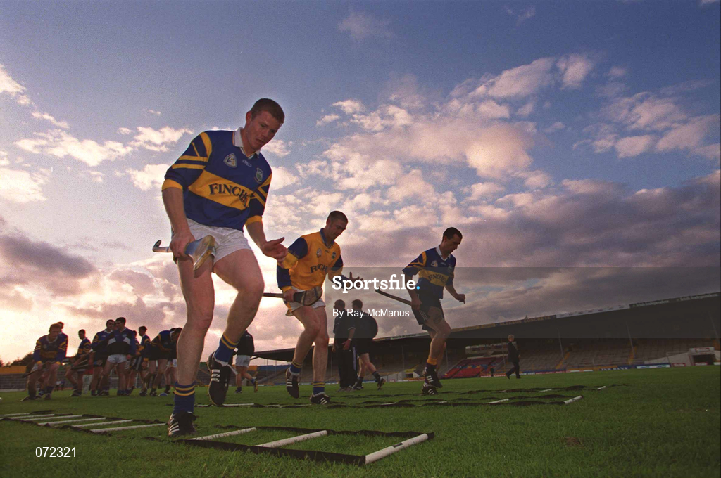 30 August 2001; Tipperary players, from left, Conor Gleeson, Aidan Butler and Thomas Dunne during a Tipperary hurling training session prior to the All-Ireland Hurling Final at Semple Stadium in Thurles, Tipperary. Photo by Ray McManus/Sportsfile