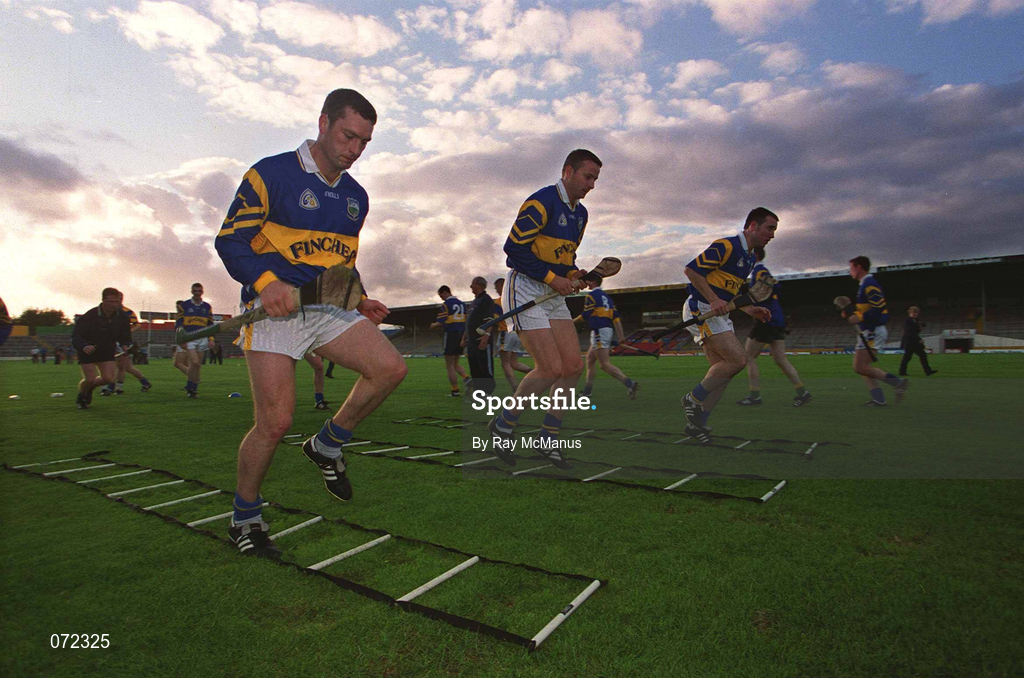 30 August 2001; Tipperary players, from left, Liam Cahill, Brian O'Meara and Eoin Kelly during a Tipperary hurling training session prior to the All-Ireland Hurling Final at Semple Stadium in Thurles, Tipperary. Photo by Ray McManus/Sportsfile