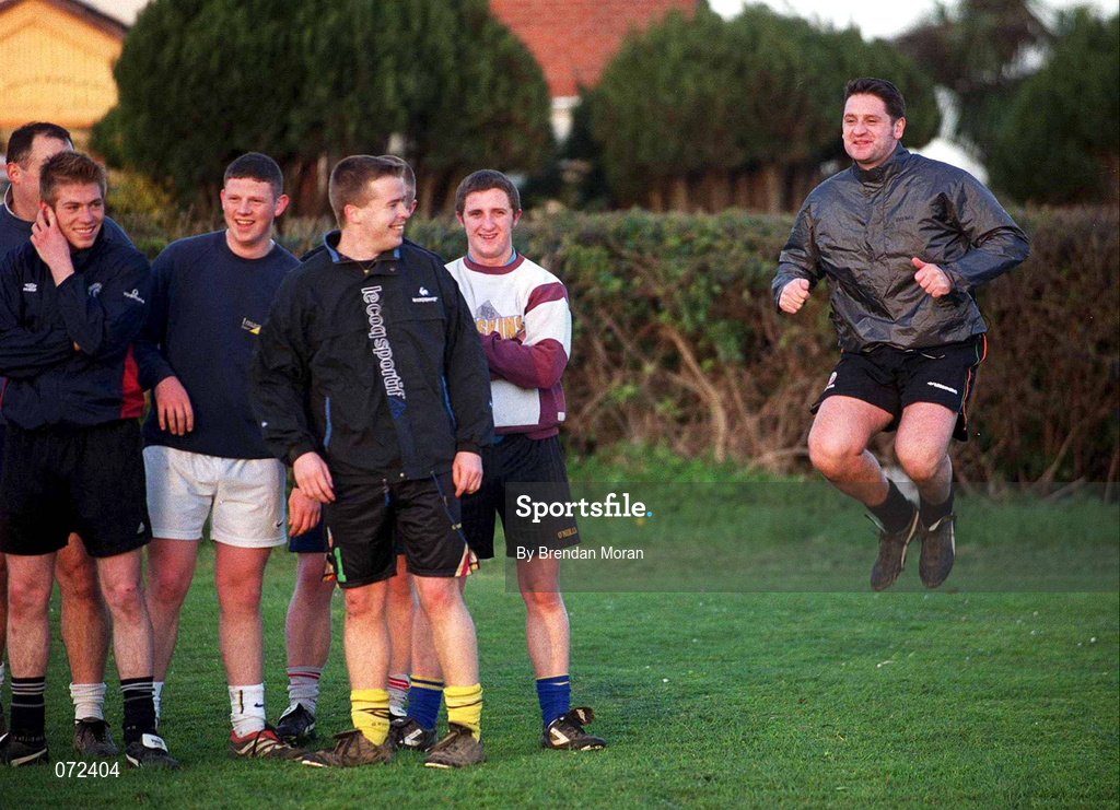 10 April 2001; Keith Bruin, right, goes through his paces, watched by his Portmarnock team-mates, during squad training at the Portmarnock Sports and Leisure Centre in preparation for their FAI Cup Quarter Final against Longford Town. Photo by Brendan Moran/Sportsfile