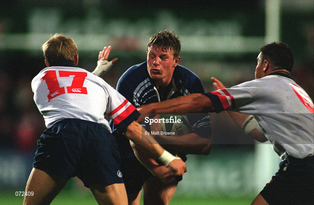 31 August 2001; Malcolm O'Kelly of Leinster is tackled by Ryan Constable, left, and Andy Ward of Ulster during the Celtic League match between Leinster and Ulster at Donnybrook Stadium in Dublin. Photo by Matt Browne/Sportsfile
