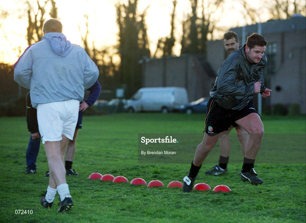 10 April 2001; Keith Bruin of Portmarnock, right, goes through his paces during squad training at the Portmarnock Sports and Leisure Centre in preparation for their FAI Cup Quarter Final against Longford Town. Photo by Brendan Moran/Sportsfile