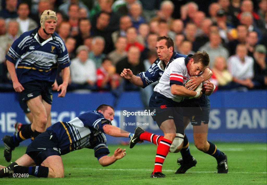 31 August 2001; Tyrone Howe of Ulster in action against Eric Miller, left, and Keith Gleeson of Leinster during the Celtic League match between Leinster and Ulster at Donnybrook Stadium in Dublin. Photo by Matt Browne/Sportsfile